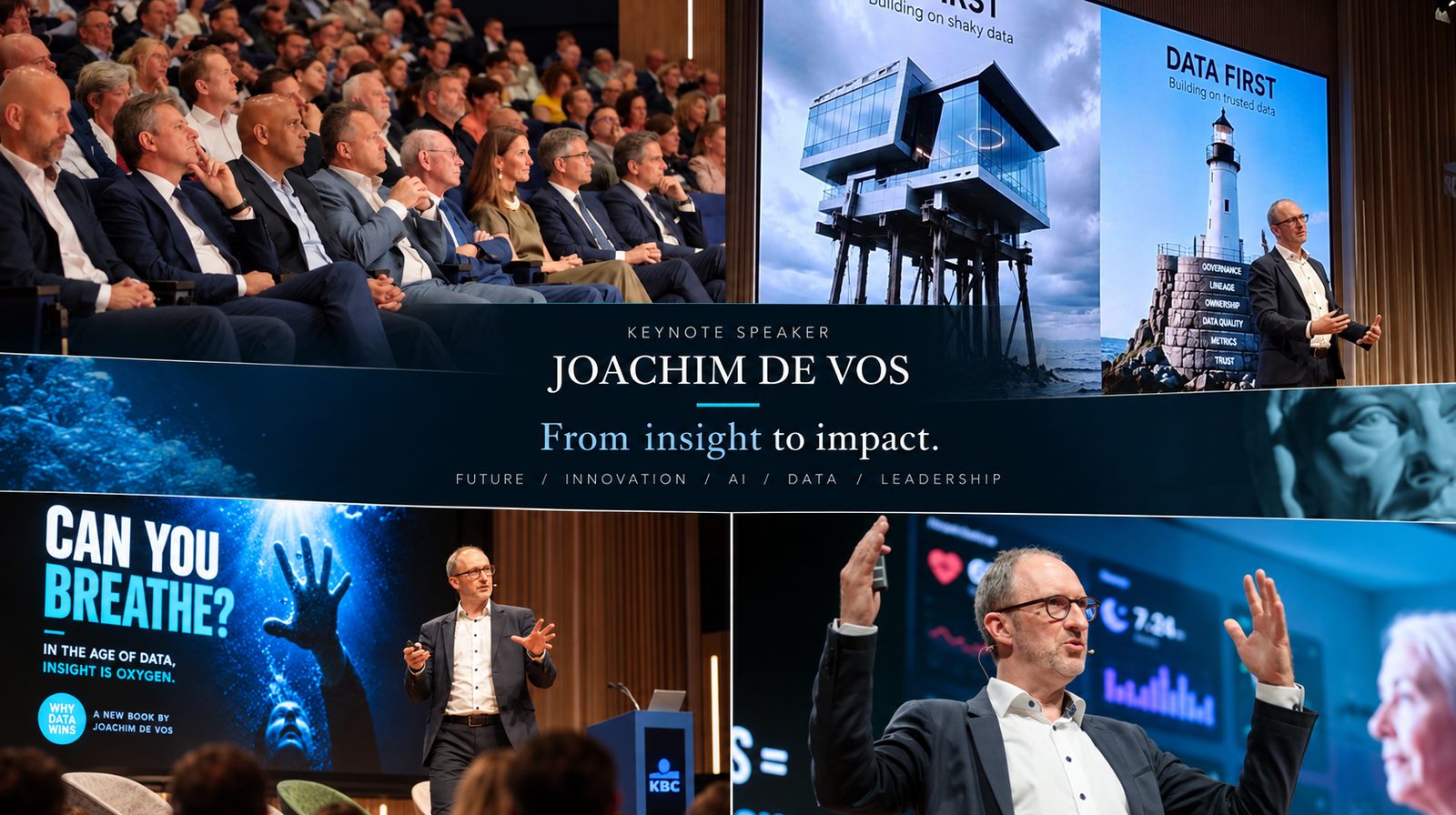 Joachim De Vos als keynote speaker: zaal, podium en slides uit Why Data Wins